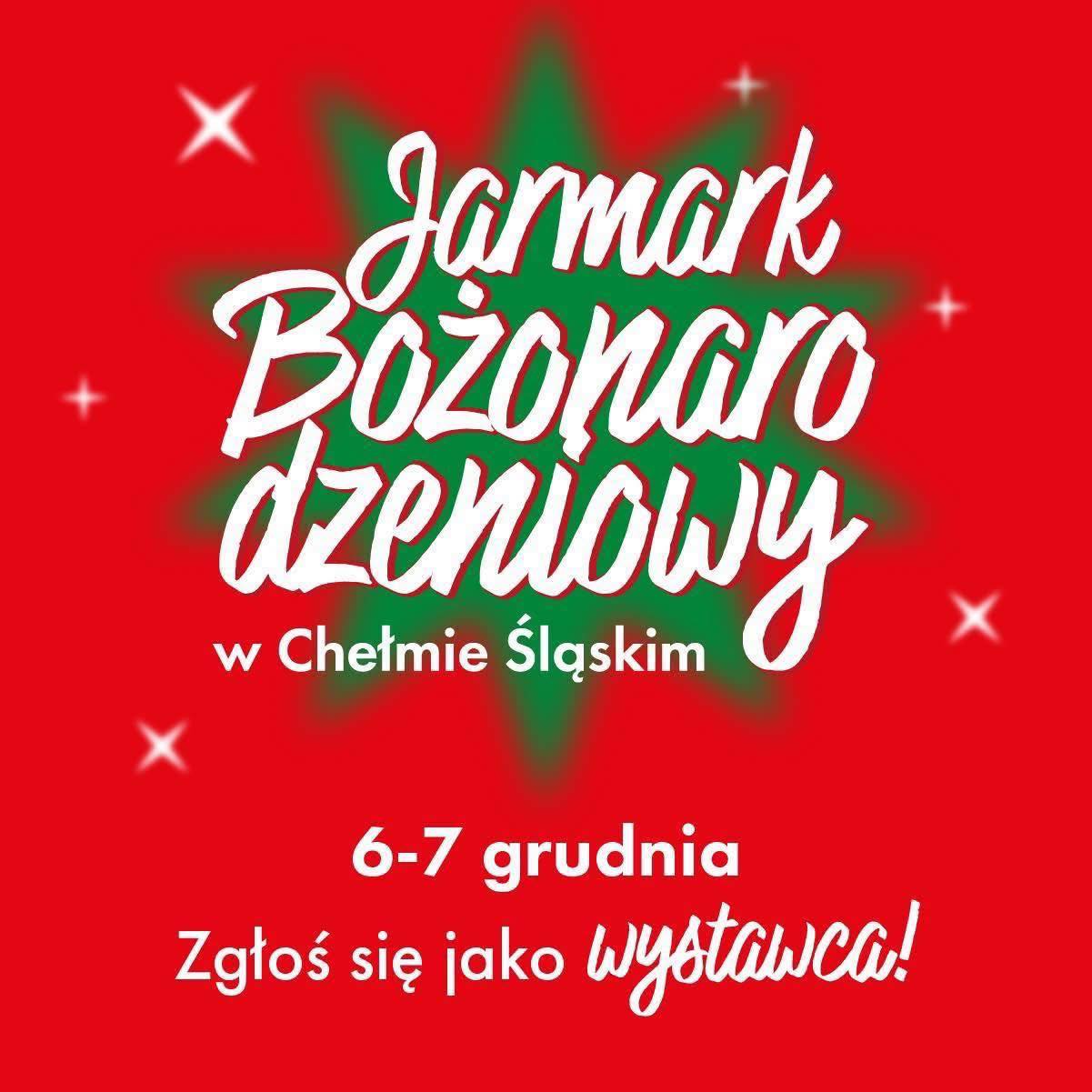 Plakat animacyjny. Na czerwonym tle zielona gwiazdka i informacja o jarmarku. 