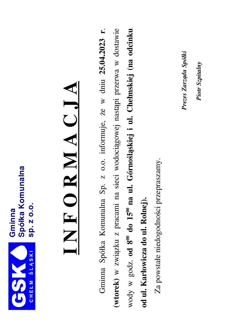 fo na stronie Informacja o braku wody