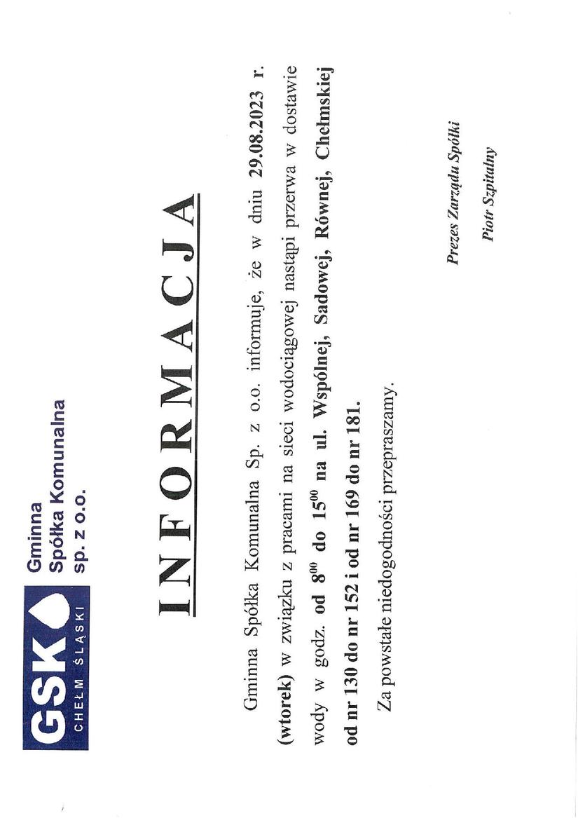 zdjecia na stronie Informacja o braku wody