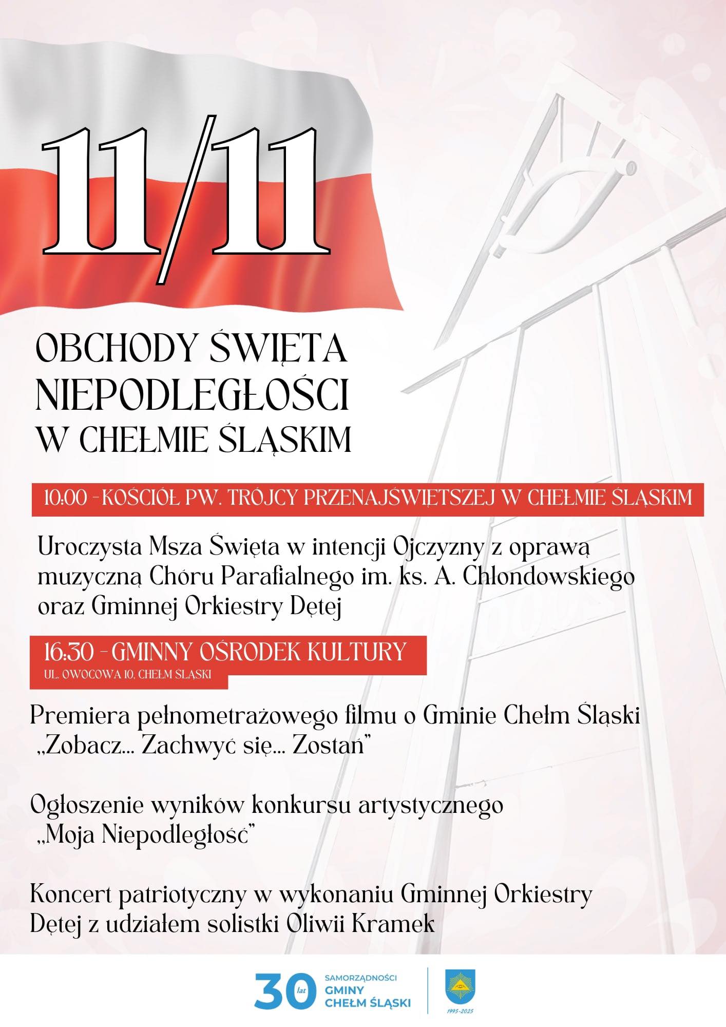 Plakat animacyjny - informacyjny w barwach biało czerwonych promujący i informujący o wydarzeniach 11 listopada. Opis w poście