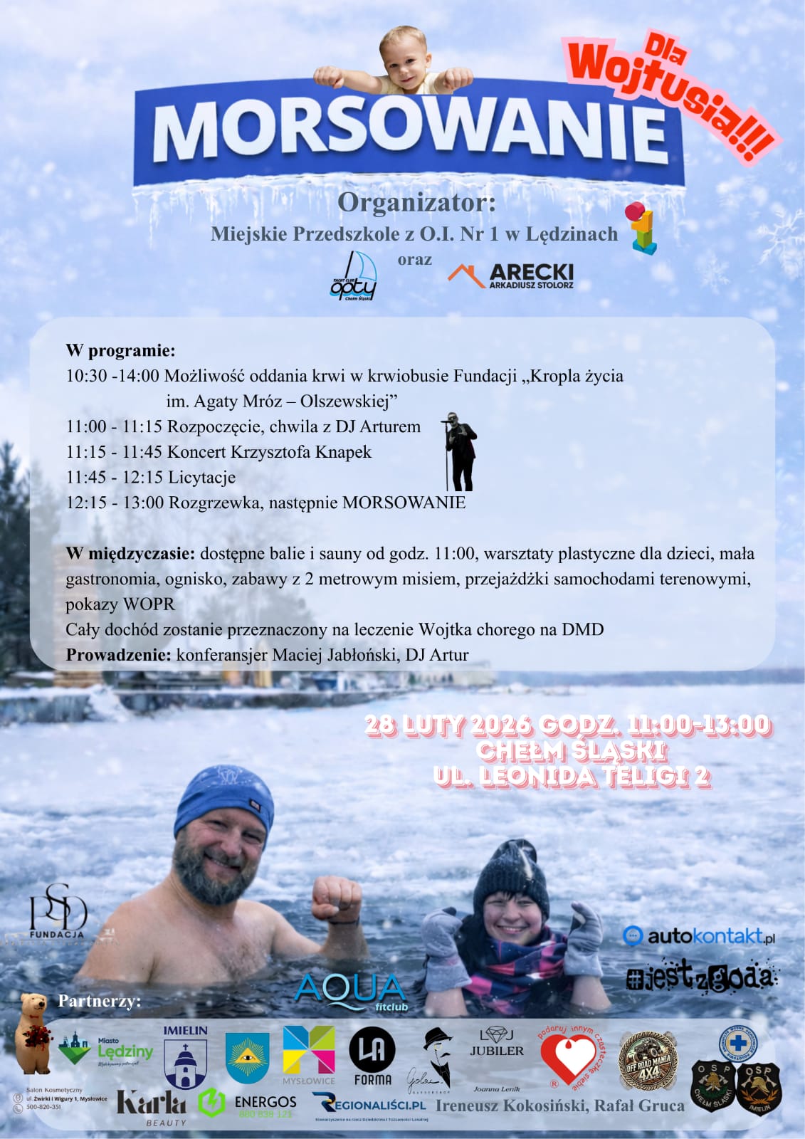 Plakat informacyjny. Na plakacie informacje o planowanej akcji pomocowej (opis w poście) a na zdjęciu zamarznięte jezioro i morsujący mężczyzna z kobietą.