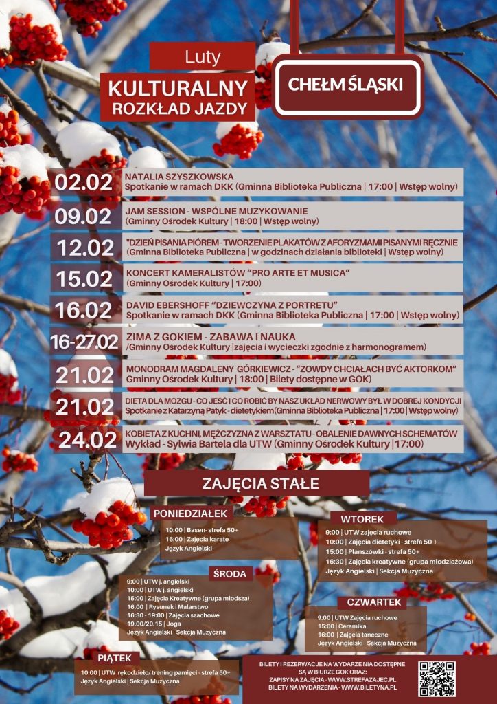W tle zimowa, ośnieżona jarzębina na tle błękitnego nieba. Plakat informacyjny z zaplanowanymi imprezami.