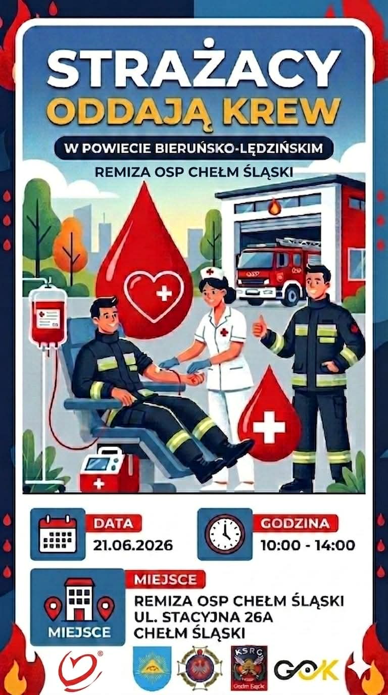 Palakt animacyjny. Na nim Remiza OSP, strażacy i pielęgniarka. Pobiera ona krew strażakowi. W tle miasto. 