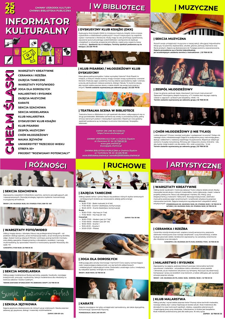 Plakat promujący wydarzenia. Na nim kolorowe zdjęcia z opisem zajęć. 