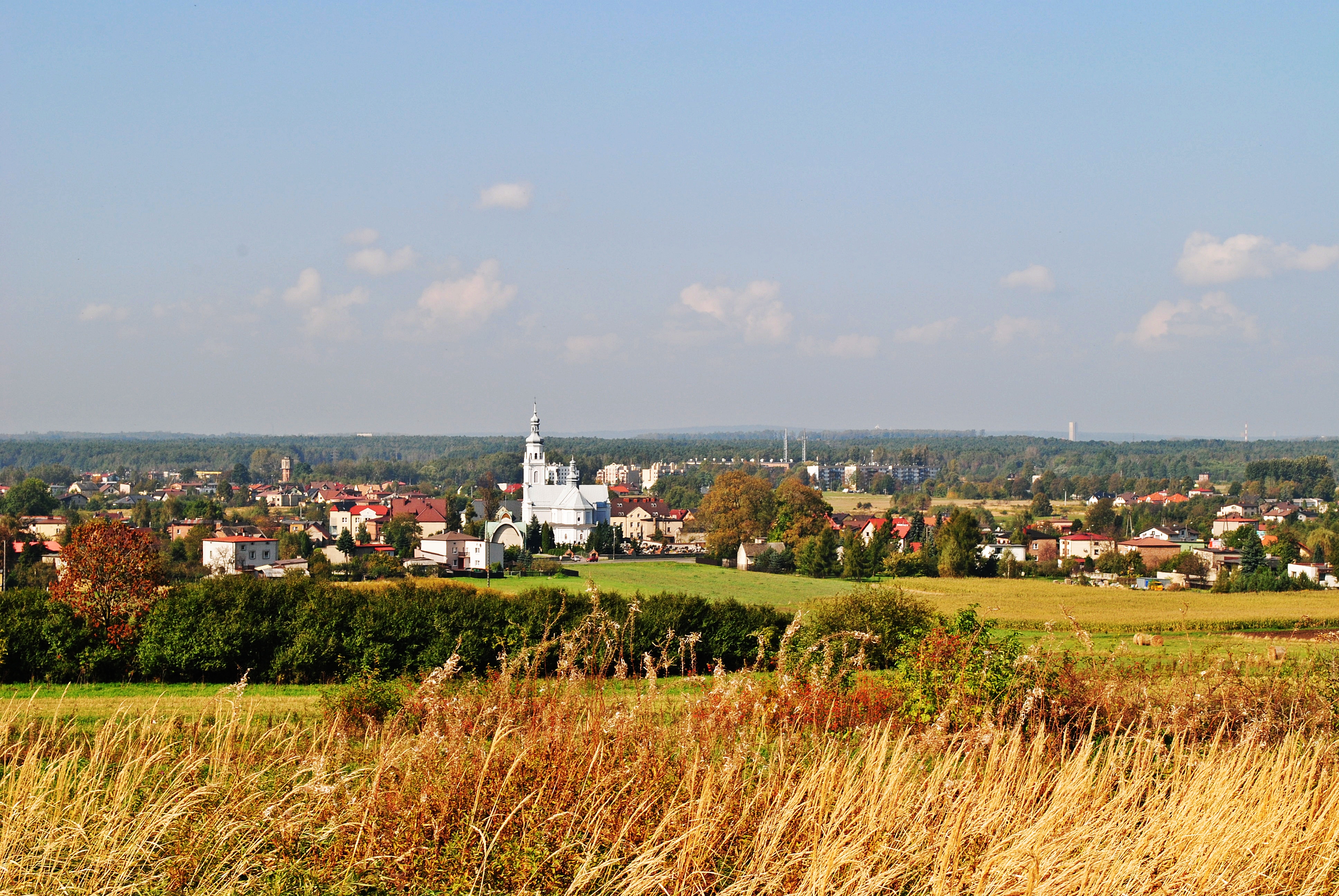 Widok z góry na miejscowośc.Na zdjeciu pola, łąki i zabudowania. 