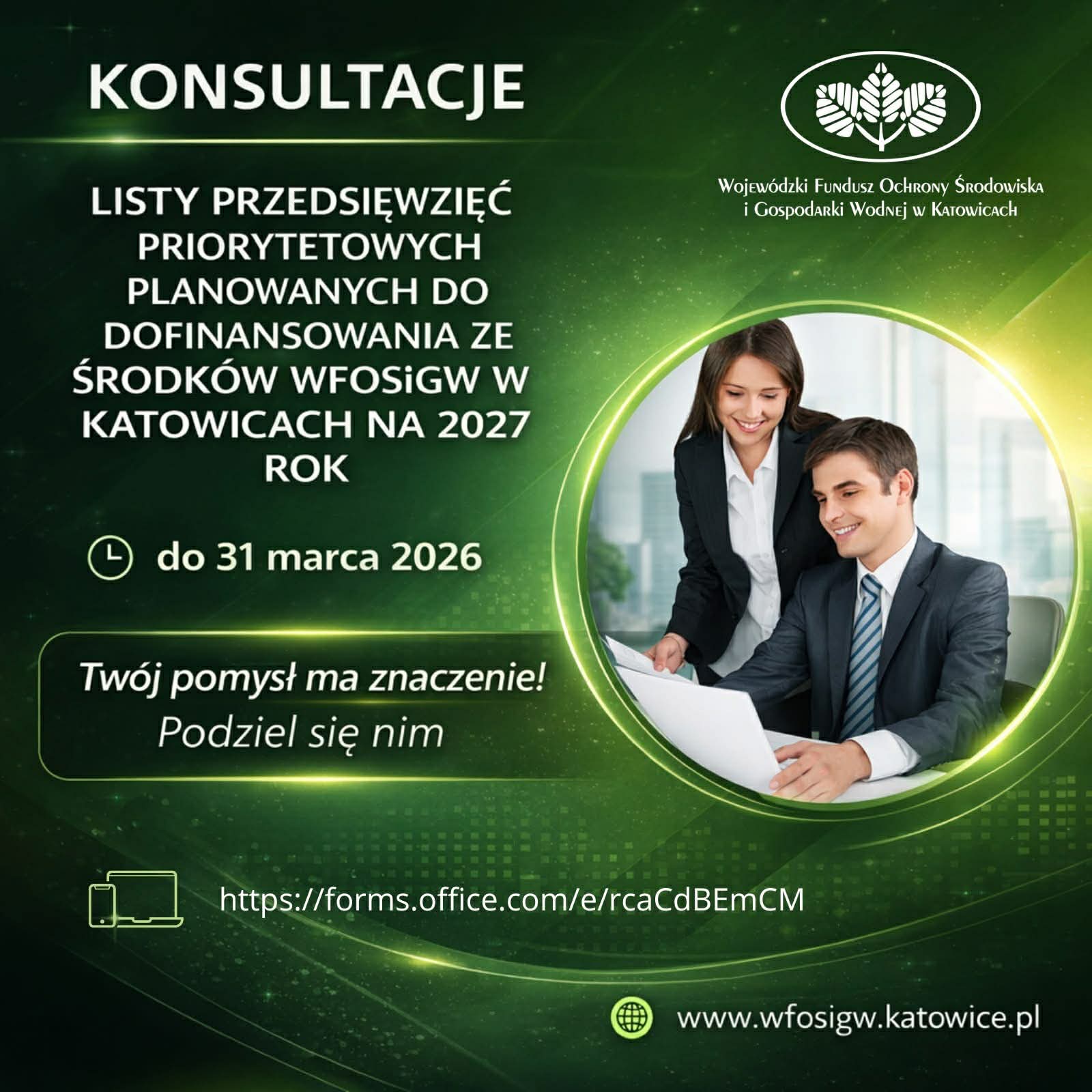 Plakat informacyjny. Na zielonym tle kobieta i mężczyzna w pomieszczeniu przy biurku. Informacje w poście 