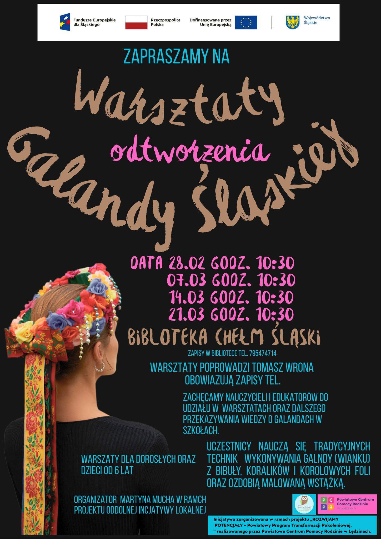 Plakat informacyjny. Na czarnym tle kobieta w galandzie na głowie i opis. 