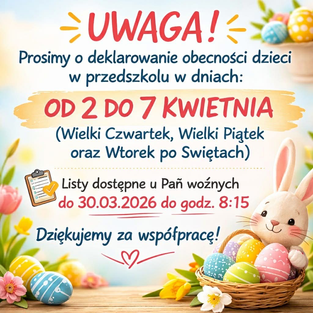 Kolorowy plakat animacyjny - informacyjny. Na plakacie elementy wielkanocne i opis. Treść została umieszczona w poście. 