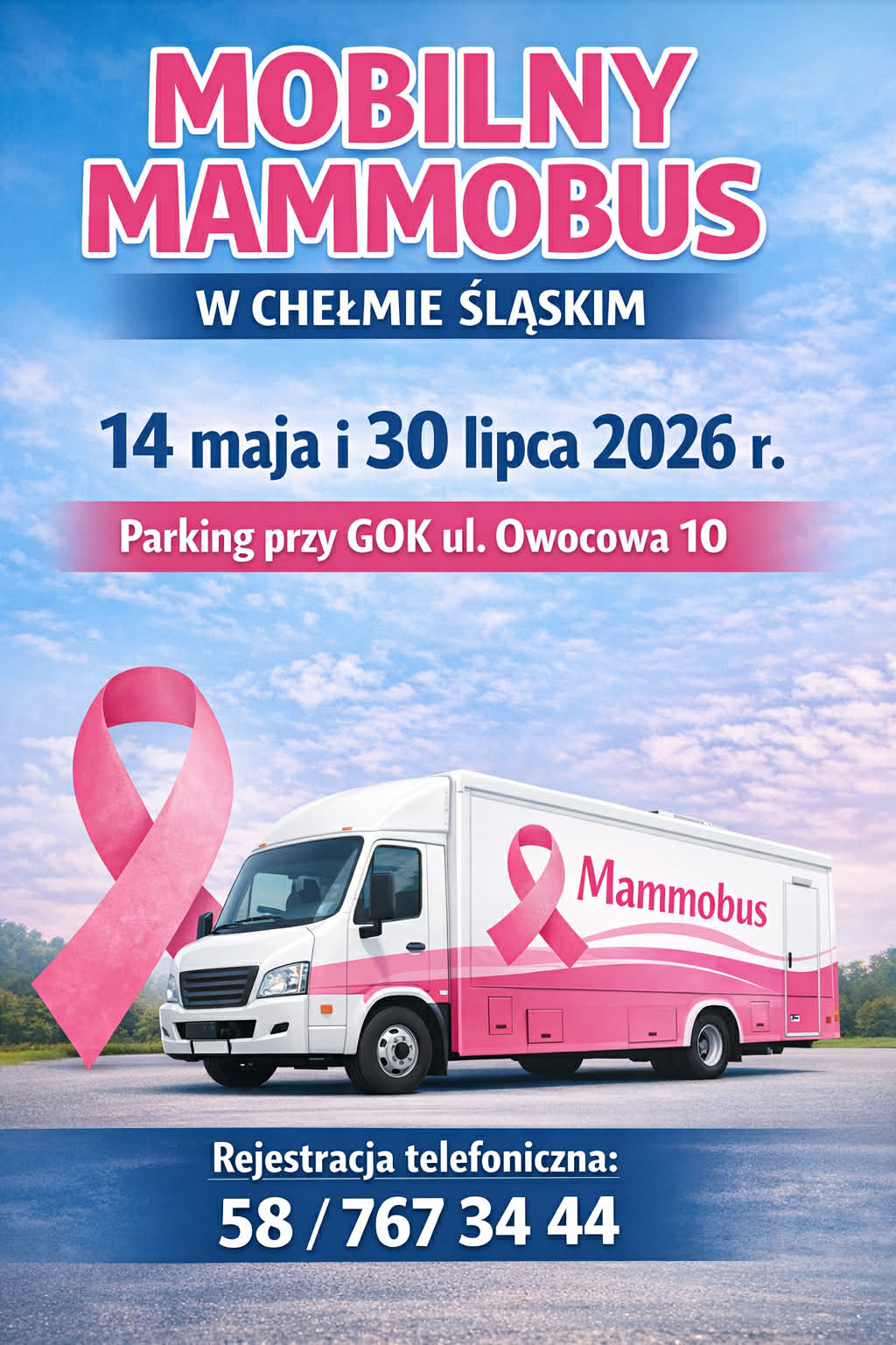 Samochód ciężarowy - mammobus na tle nieba z różowymi symbolami raka piersi . Opis w poście 