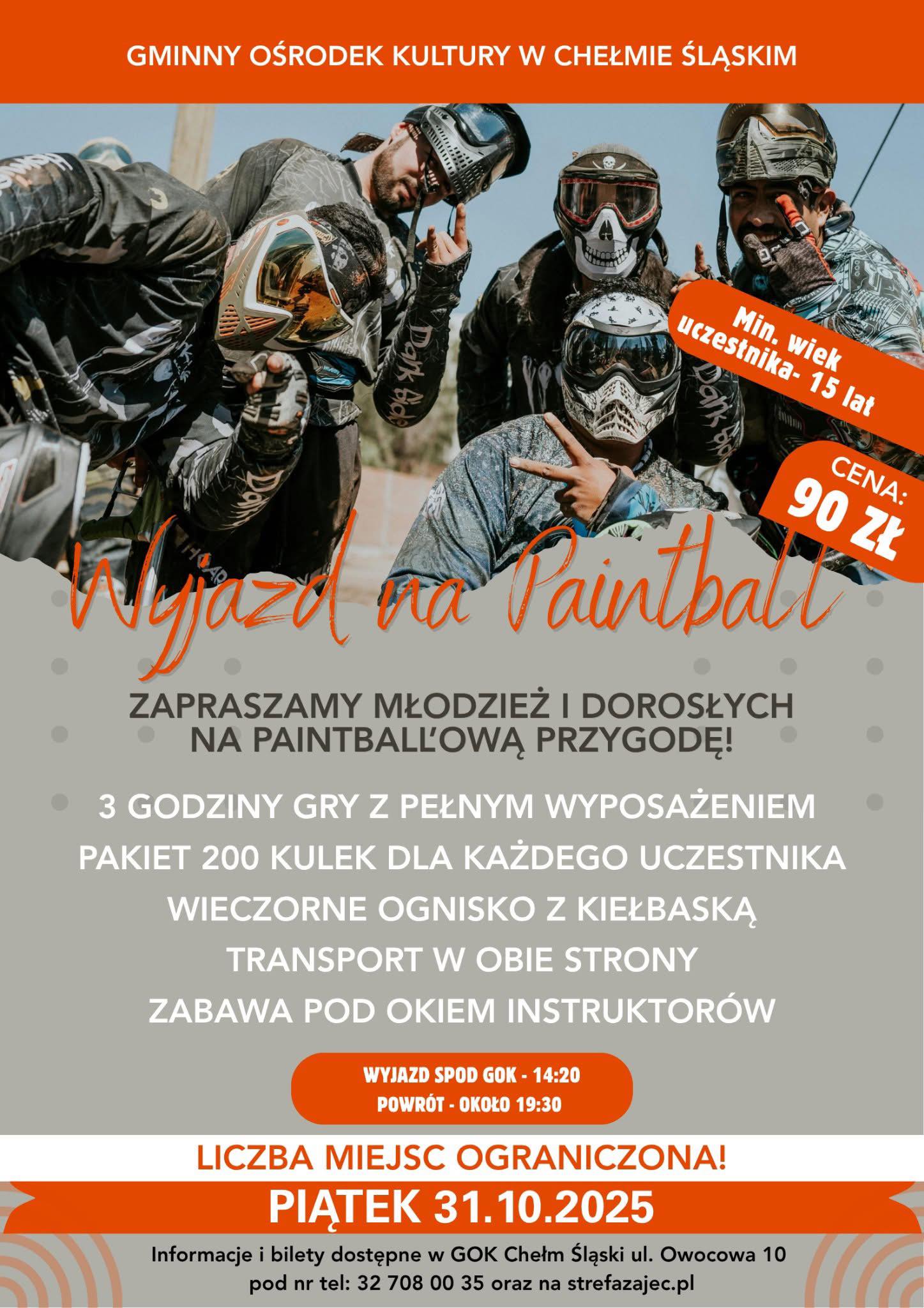 Kolorowy plakat informujący o wydarzeniu. Na plakacie osoby ubrane w stroje do painball