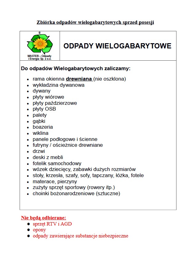 Lista przedmiotów odbieranych spod domów i tych które nie zostaną odebrane 