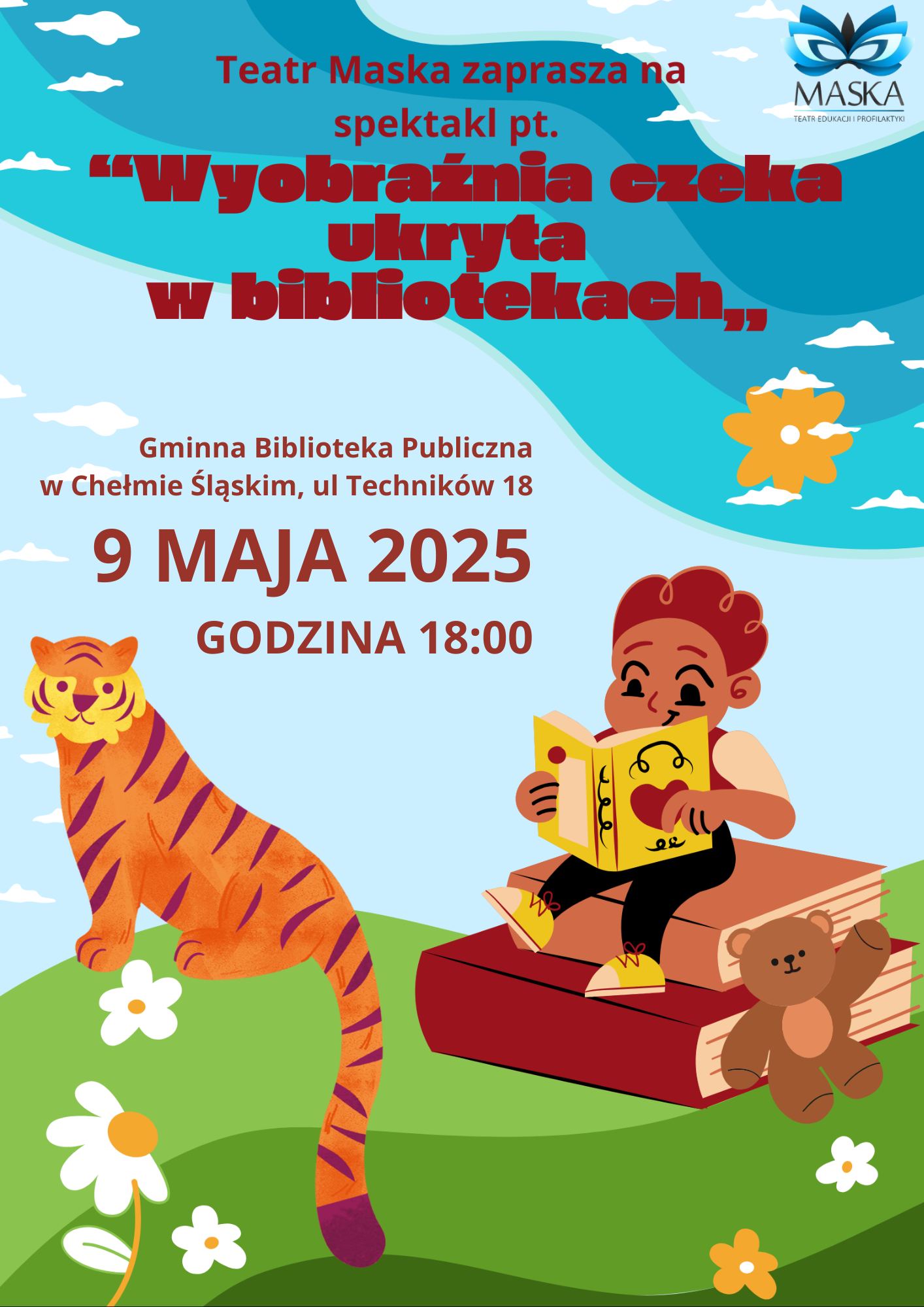 Palakt animacyjny promujacy wydarzenie. Na obrazku czytający chłopiec i tygrys na łące. 