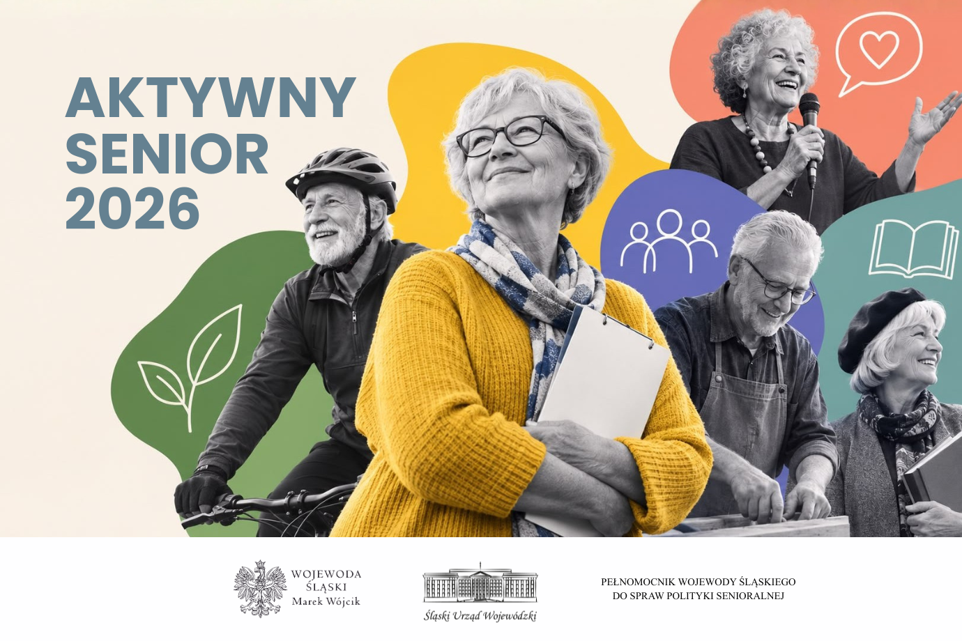 Plakat animacyjny - informacyjny na zdjęciach kobiety i ężczyźni. 