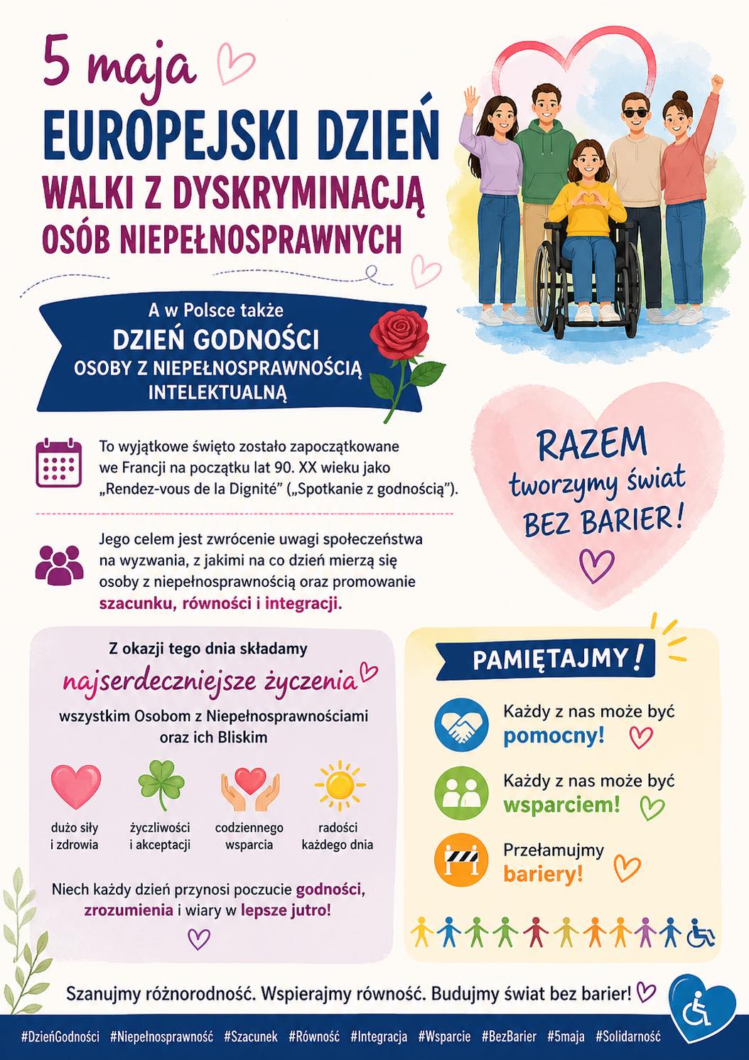 Kolorowy plakat animacyjny z informacjami zawartymi w poście. Na rysunku osoba niepełnosprawna i otaczające ją trzy osoby. 