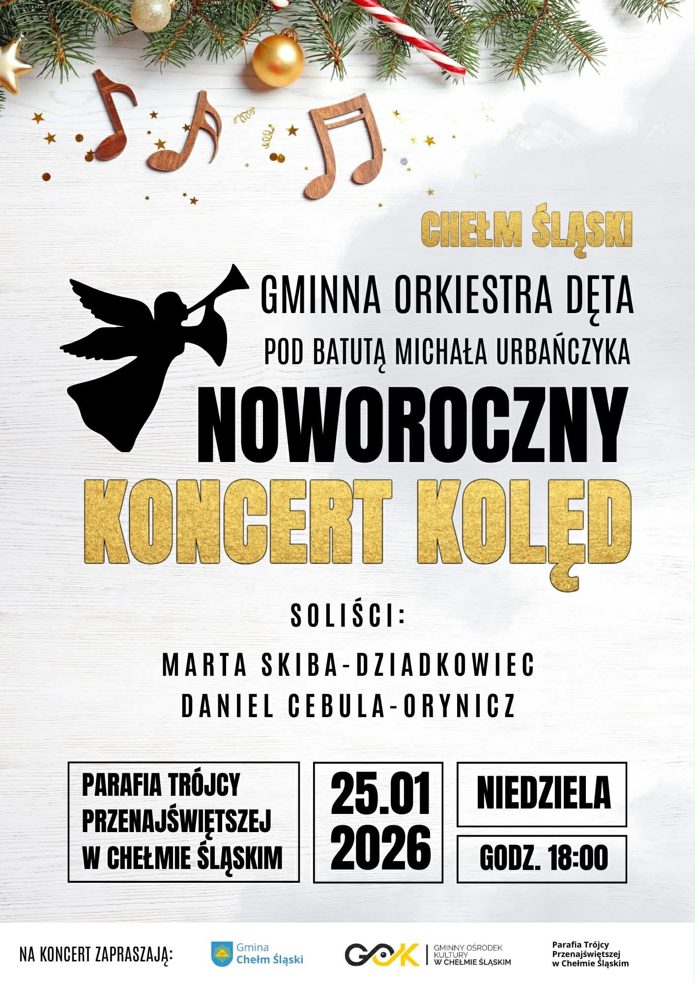 Plakat animacyjny promujący Noworoczny Koncert Kolędowy. Na elementy symboliki świątecznej 