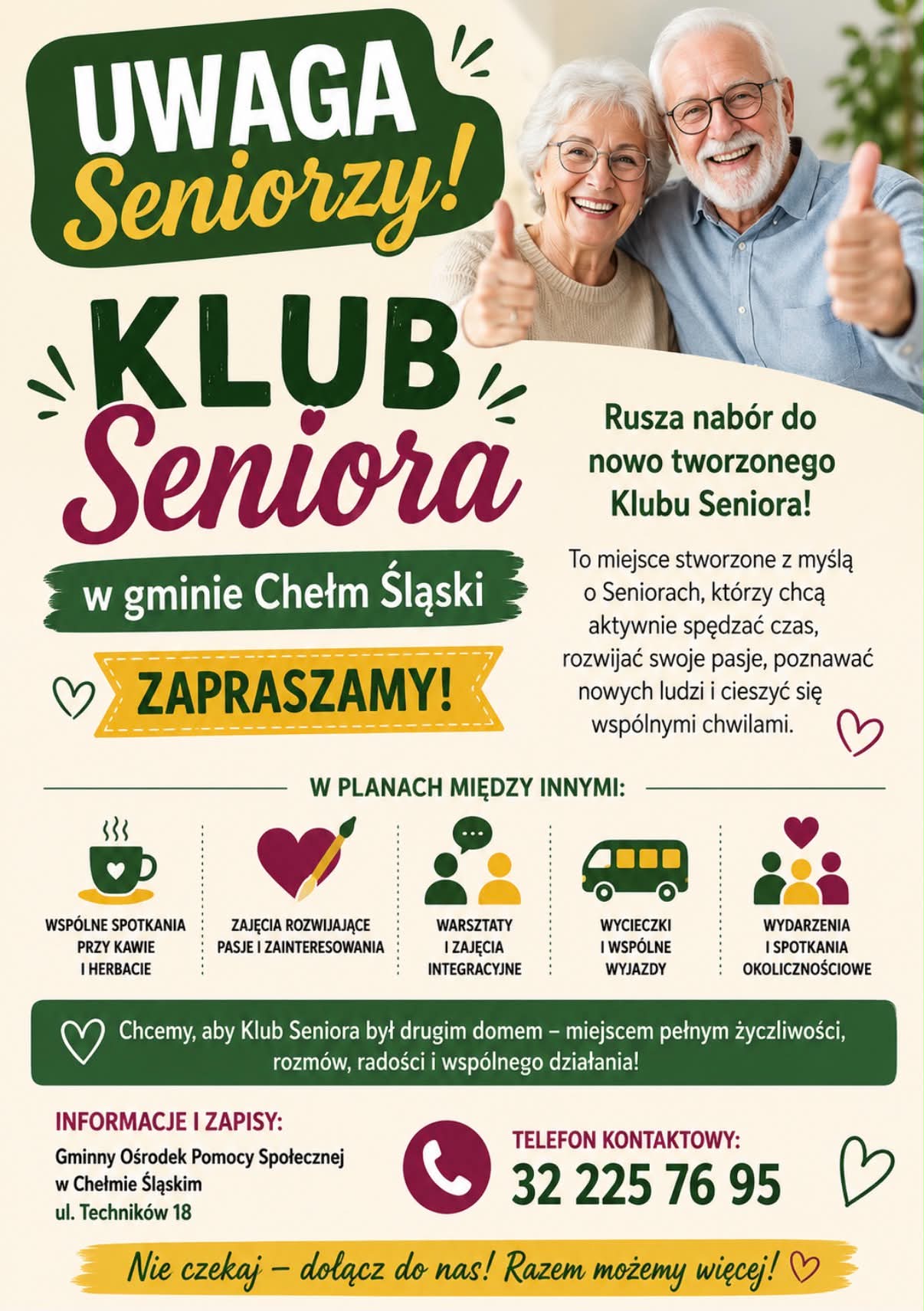 Plakat informacyjny na zdjęciu para osób starszych. Emotikony. Opis w poście. 