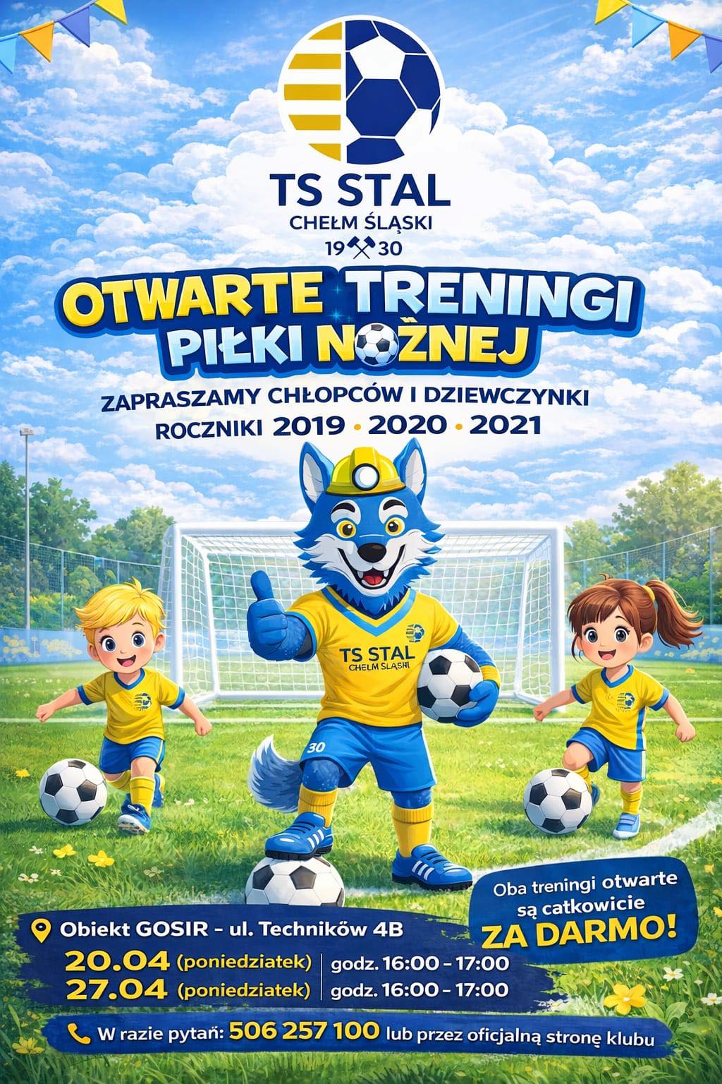 Plakat promujący nabór do drużyny dziecięcej TS STAL Chełm Śląski. Plakat to ryzunek animacyjny na nim dziewczynka i chłopiec w towarzystwie STalka - maskotki na boisku sportowym 