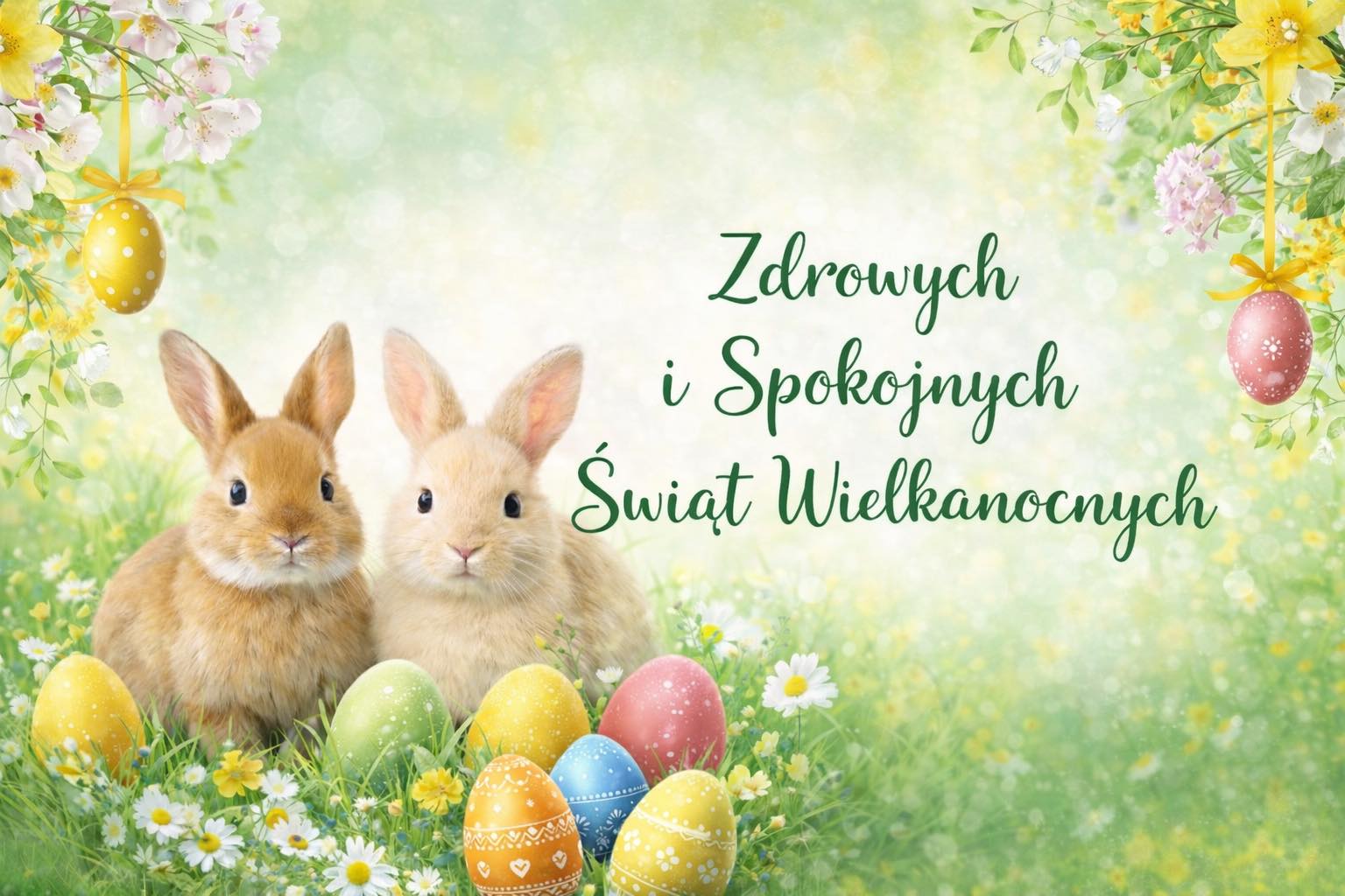 Obrazek animacyjny z dwoma zajączkami i jajami wielanocnymi na łące 