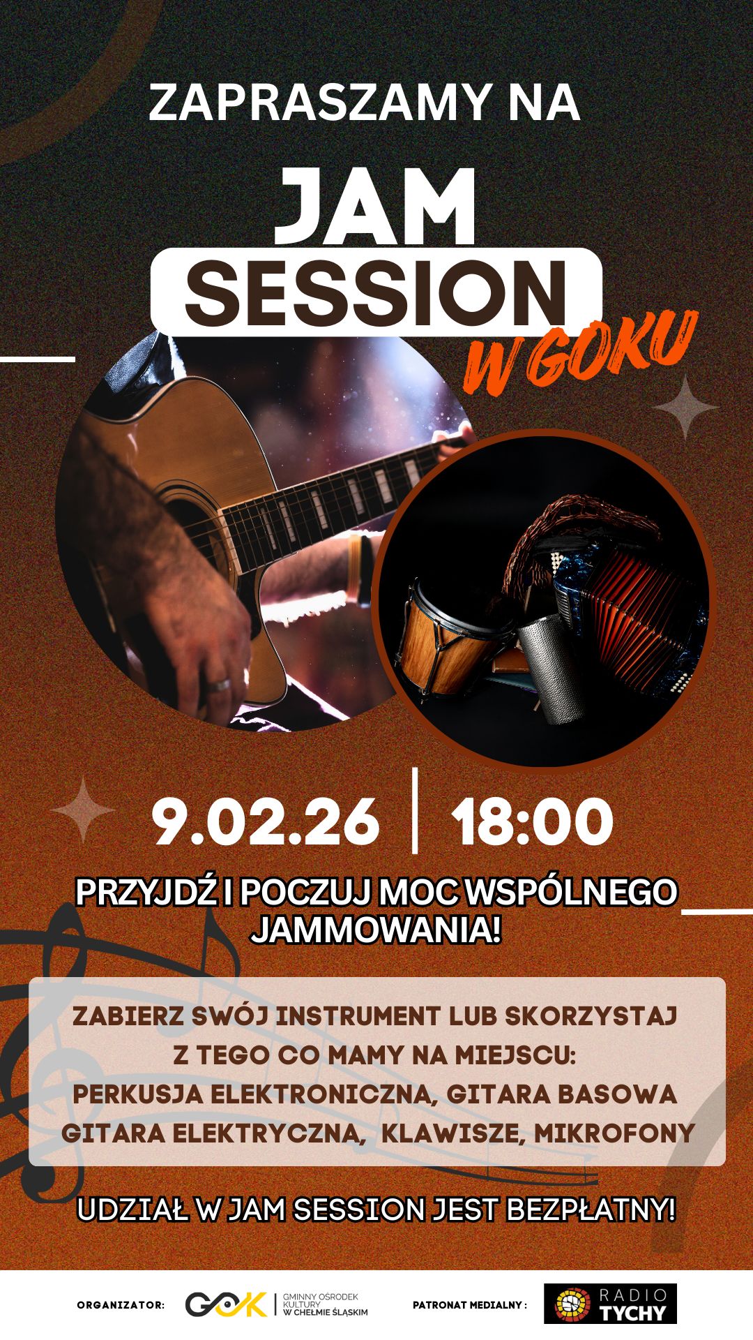 Plakat promujący wydarzenie jam sesion. Na zdjęciu gitara i inne instrumenty muzyczne