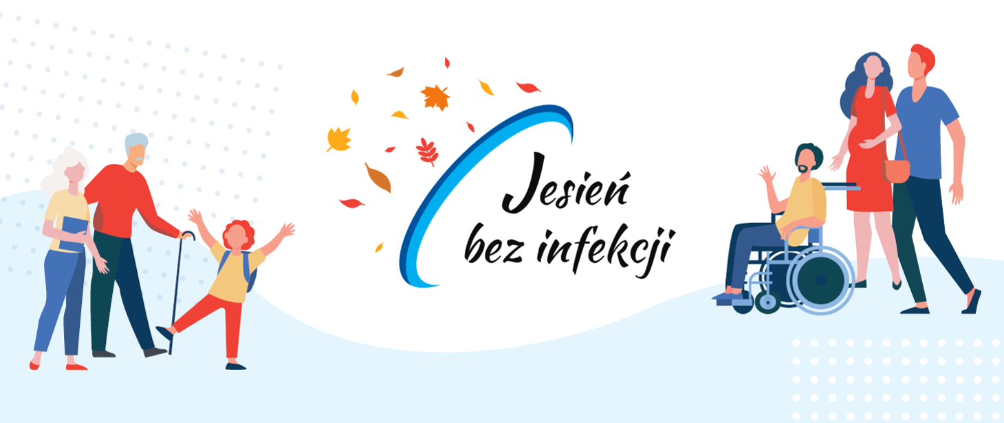 Plakat promocyjny - animacyjny na plakacie 5 dorosłych osób w tym jedna na wózku dla osób niepełnosprawnych i dziecko 