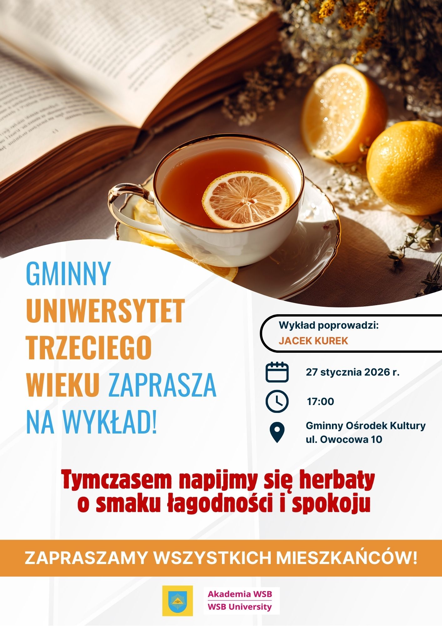 Plakat promujacy wydarzenie. Na plakacie opis i szklanka z herbatą z cytyną i książka