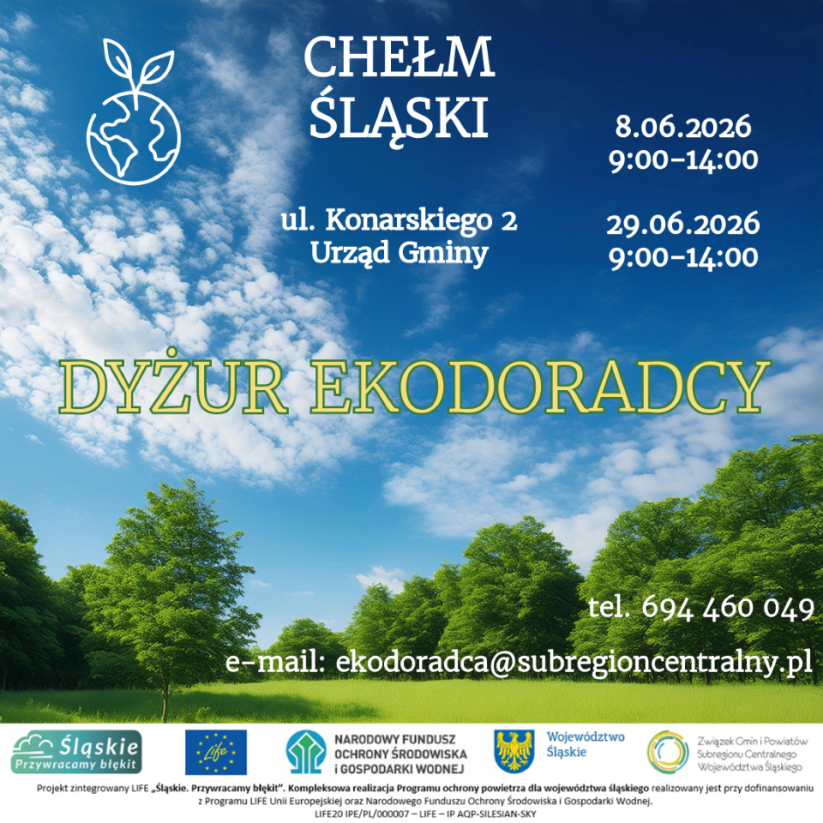 Plakat informacyjny. Dyżur Ekodoradcy. Na rysunko łąka i niebo. Opis w poście. 