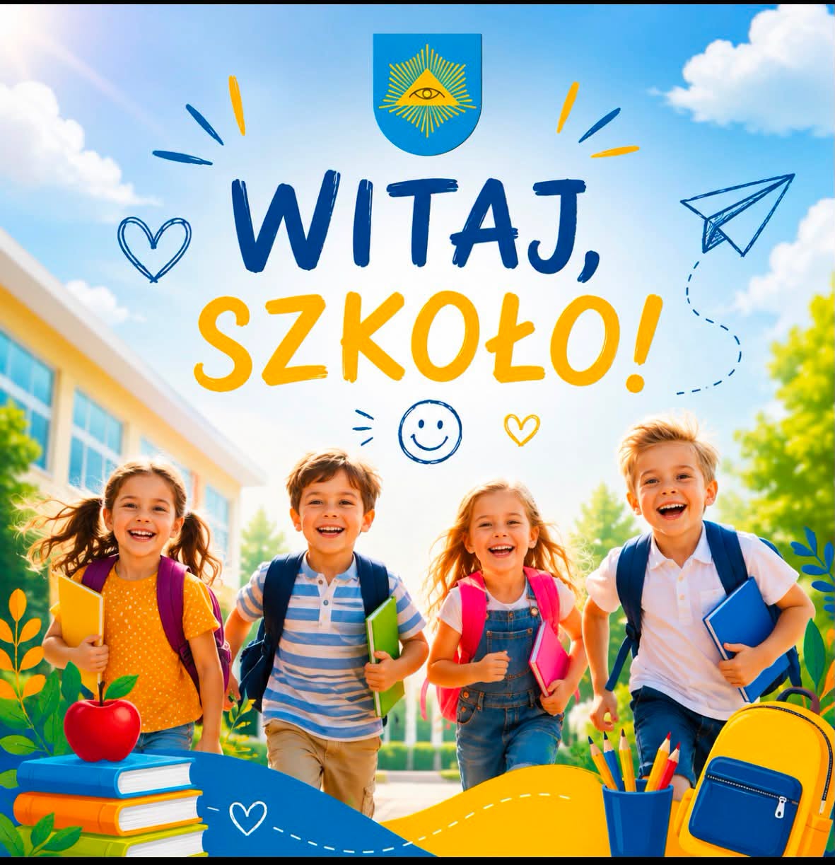 Czwórka uśmiechniętych dzieci idących do szkoły 