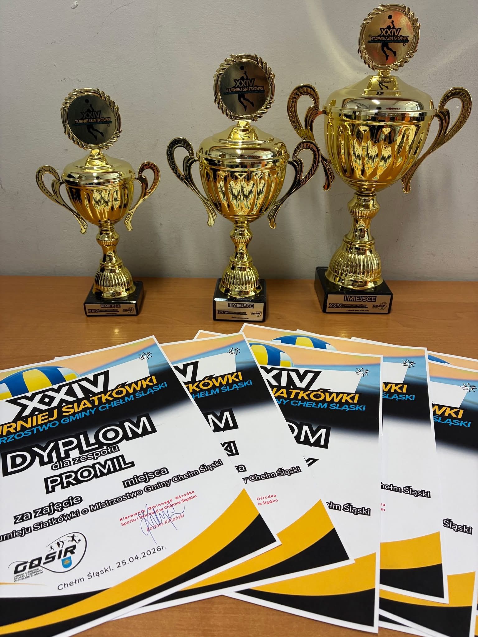 Dyplomy i puchary ułożone na stole 