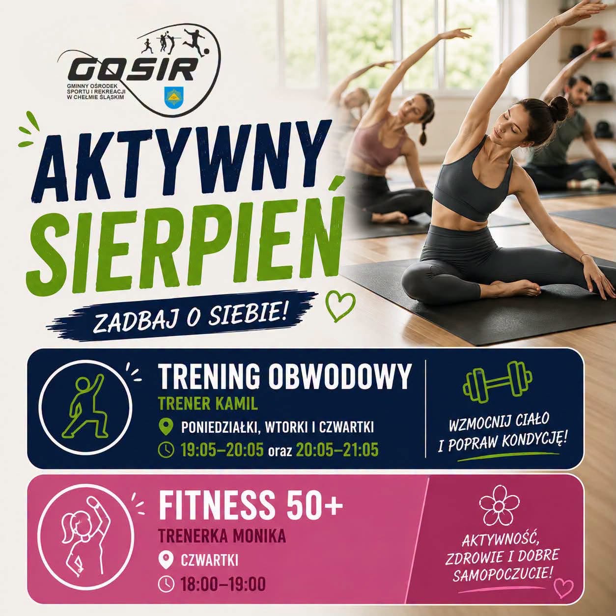 Plakat promujący zajęcia. Na zdjęciu ćwiczaca kobieta i opis 