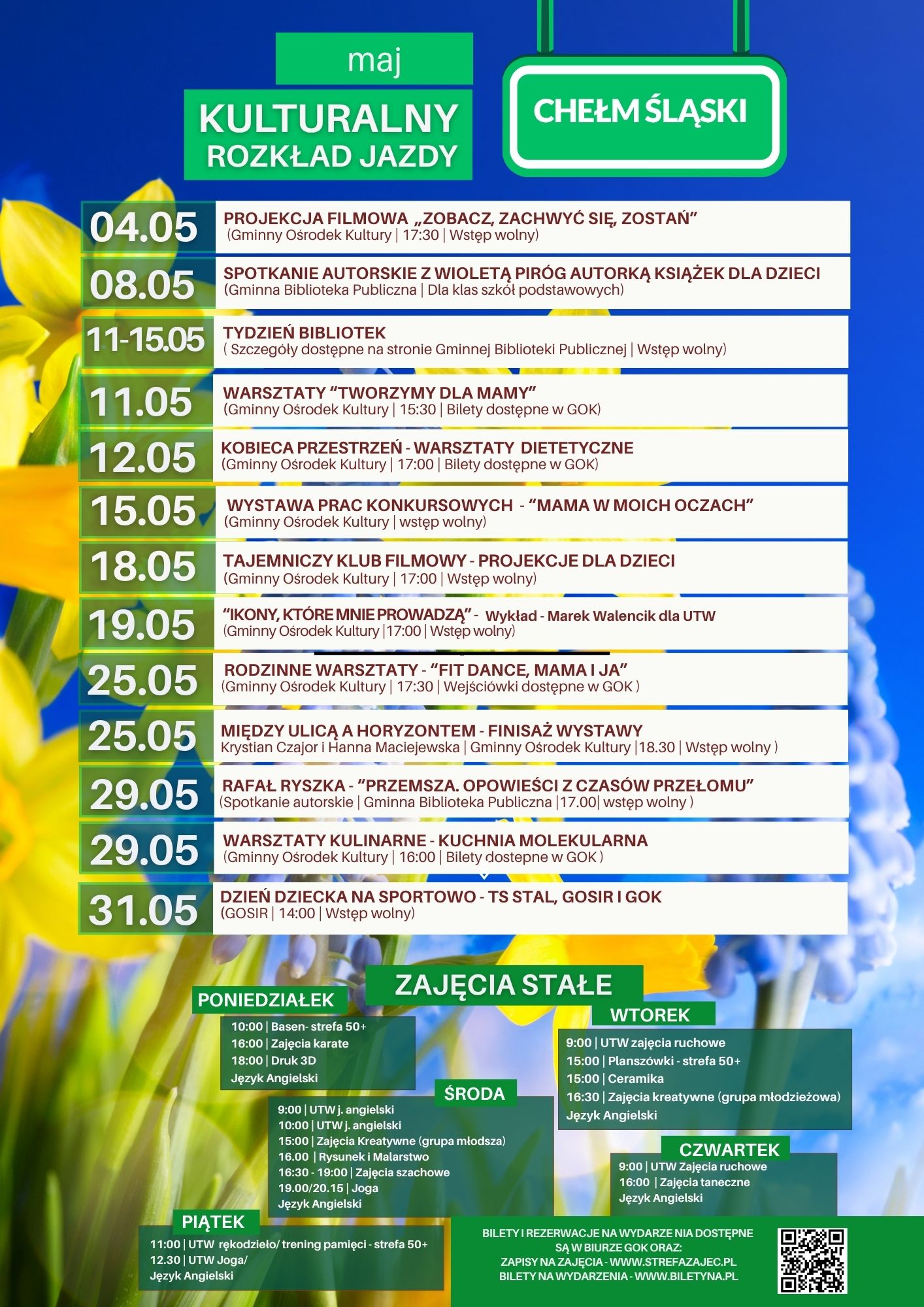 Wiosenny plakat z informacjami o wydarzeniach. Opis w poście. 