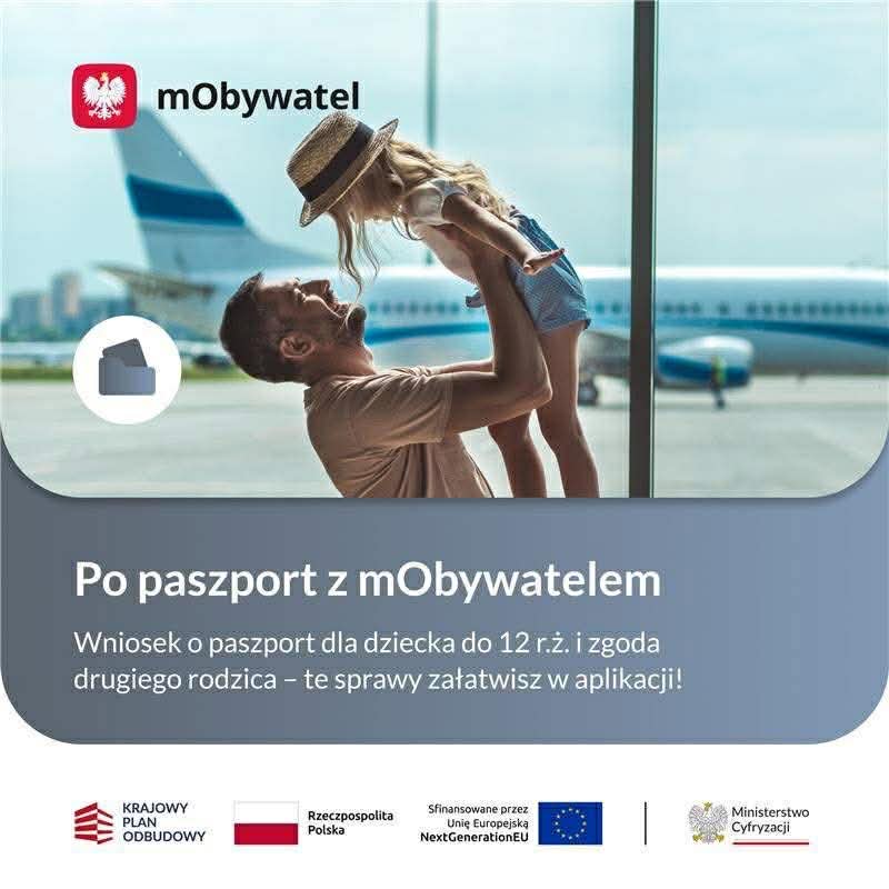 Na zdjęciu - palakacie promujacym wydarzenie jest ojciec z córką. Ojciec trzyma dziecko podniesione do góry. W tle samolot 