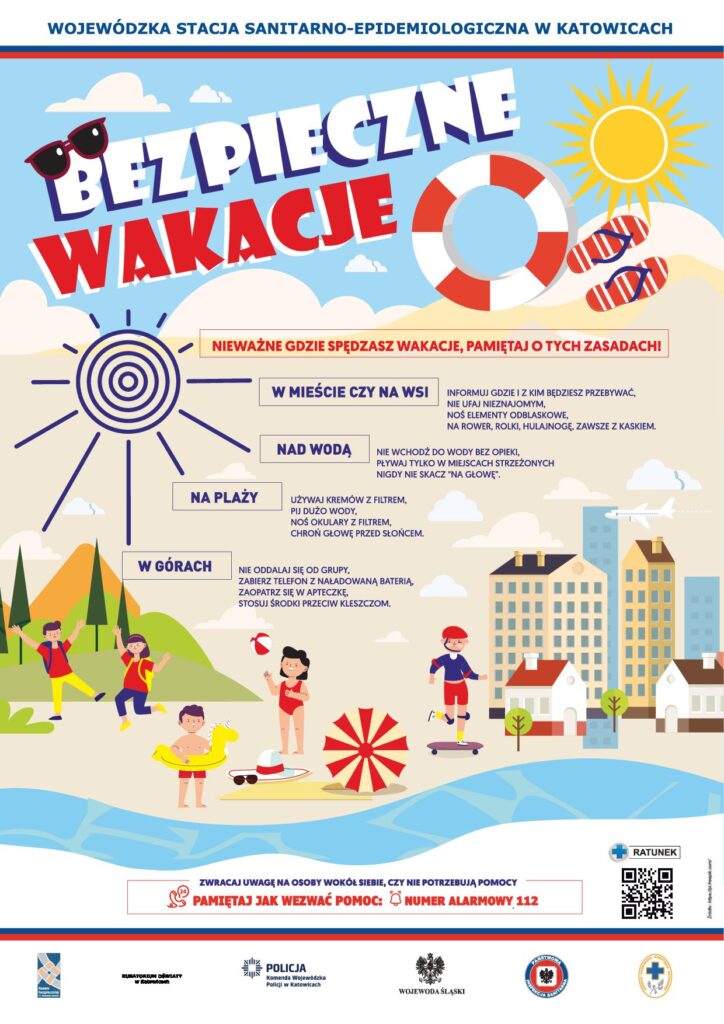 Plakat animacyjny - informujący o zasadach postępowania by wakacje były bezpieczne 