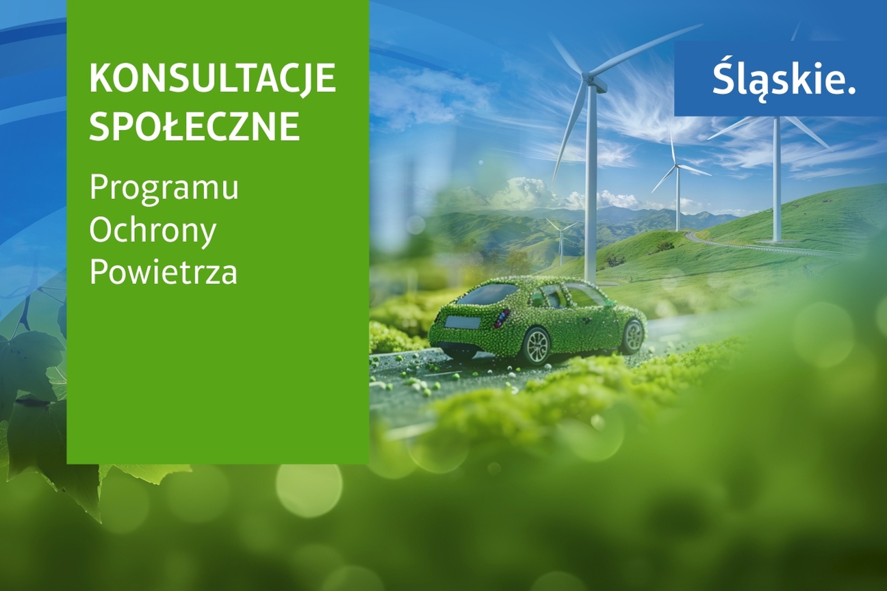 Na zielonym tle napisy i samochód jadący drogą 