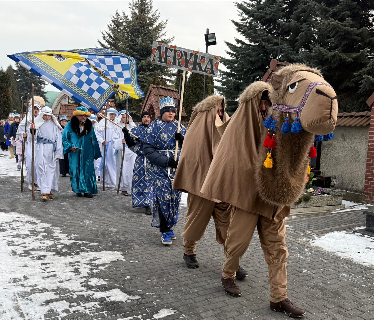Ludzie w strojach: wielbłąda, pastuszków, kolędników, królów