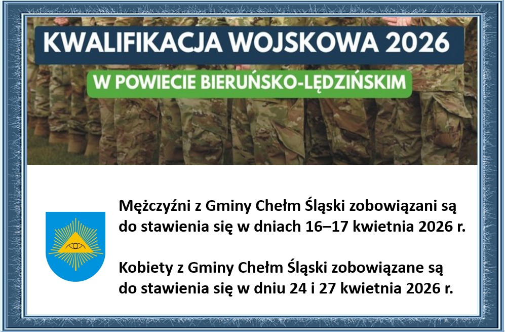 Plakat informujący o terminie kwalifikacji - informacje w ramie, herb gminy i maszerujący żołnierze 