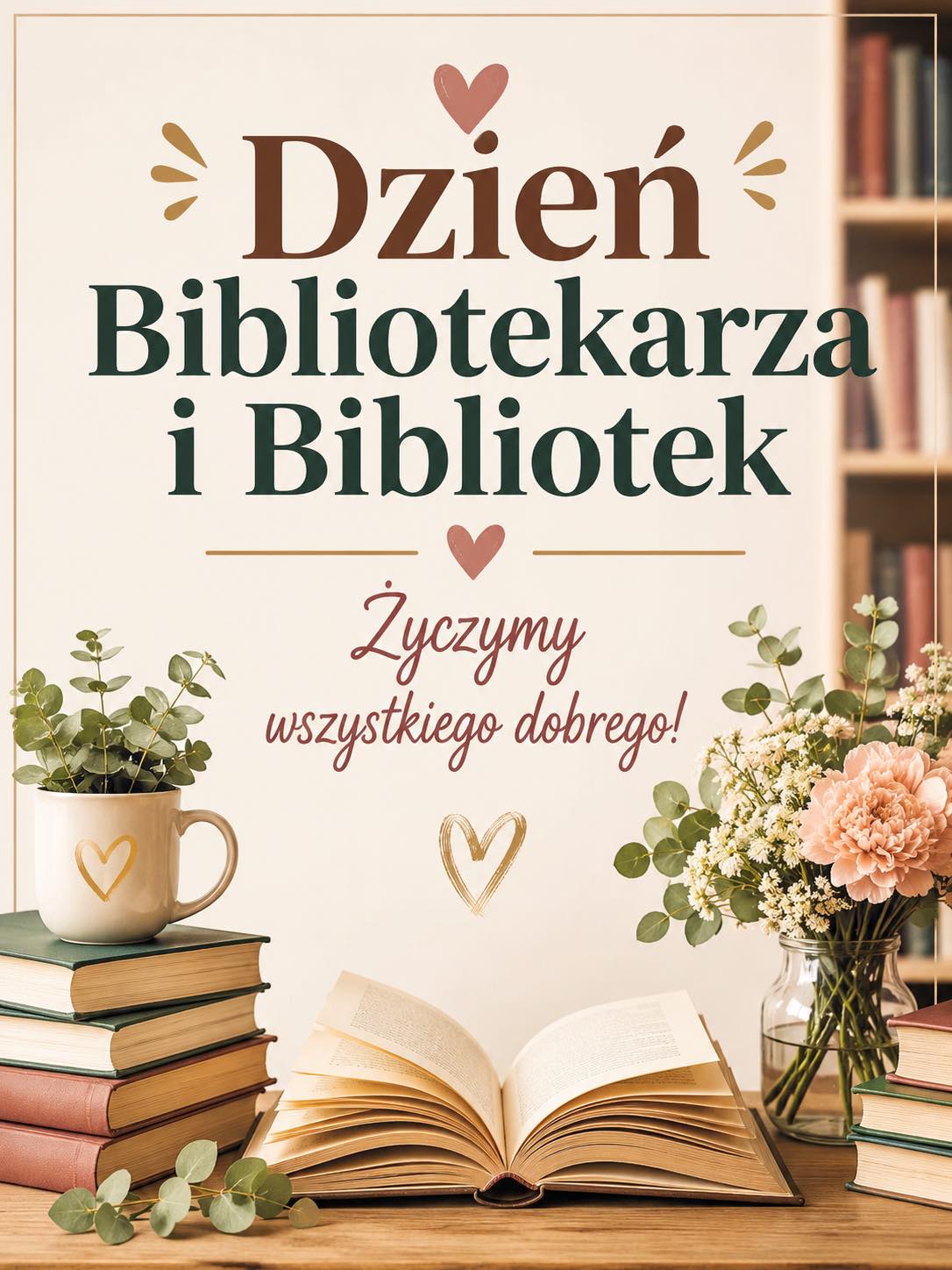 Plakat ainformacyjny. Na zdjęciu książki, kwiaty i rośliny a także napis. 