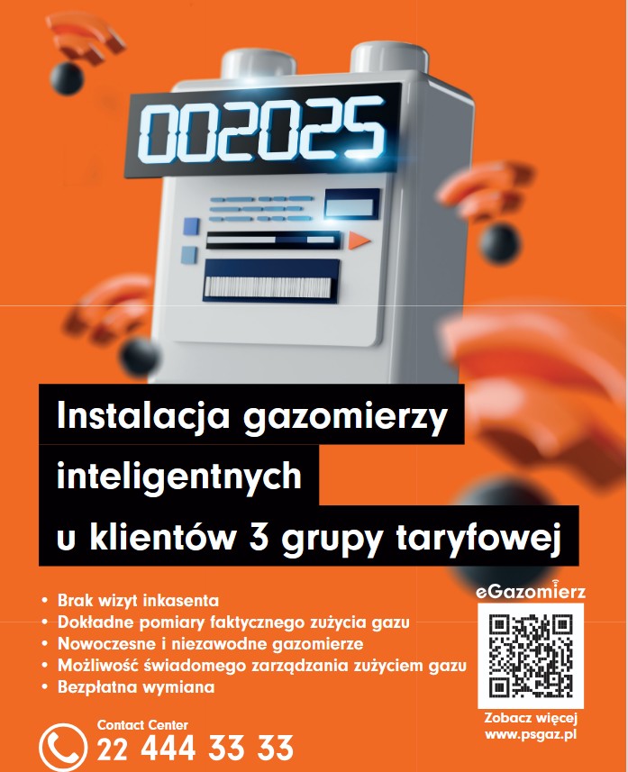 Plakat promujący akcję wymiany gazomierzy. Na rysunku licznik 