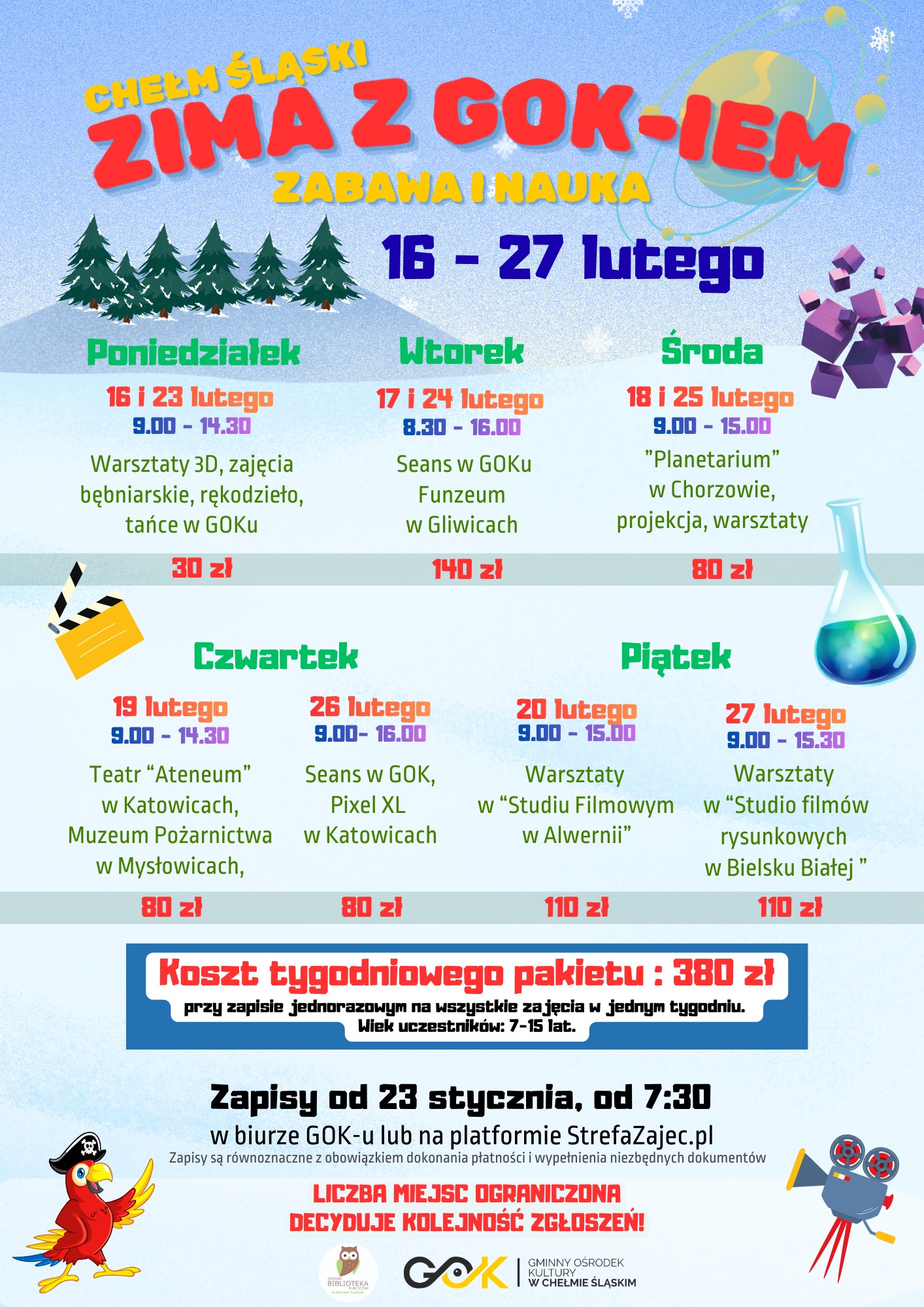 Kolorowy plakat animacyjny - Ferie zimowe z GOK - opis w poście 