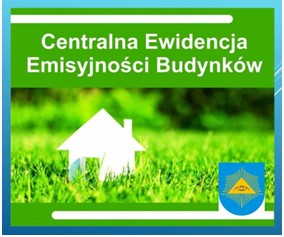 Herb gminy i biały domek na zielonym tle trawy