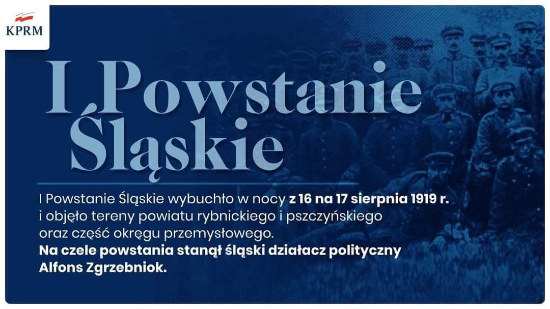 Plakat informacyjny o rocznicy I Powstania Śląskiego. Na plakacie pozujący do zdjęcia powstańcy. 