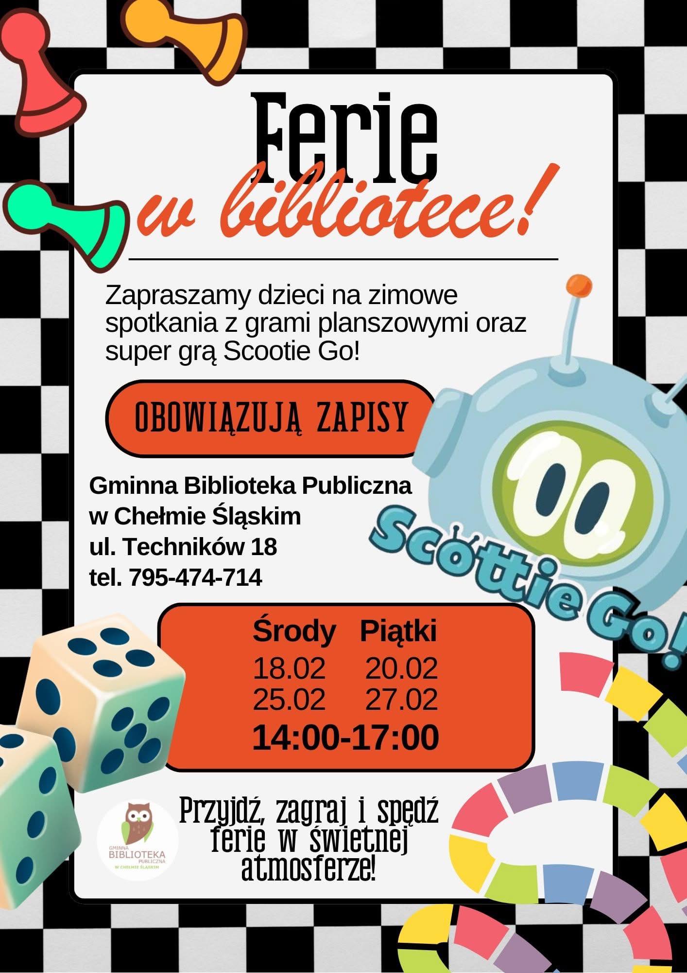 Kolorowy animacyjny plakat w wydarzeniami Ferii zimowych w bibliotece. Na rysunkach kostki do gry, pionki, logotyp. Opis w poście