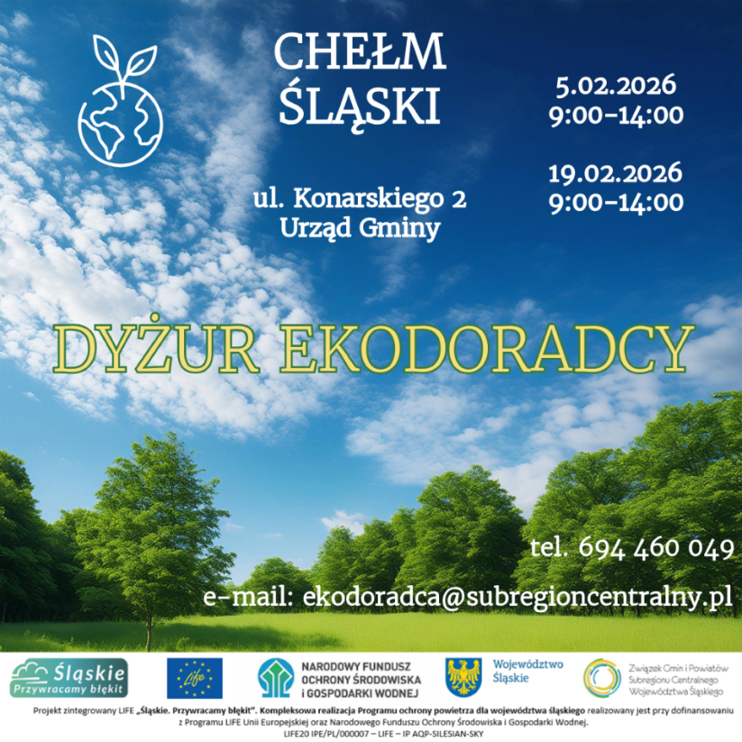 Plakat promujący spotkanie z Ekodoradcą> Opis w pośvie. Na zdjeciu zielona łąka i piękne niebo z małymi chmurami. 