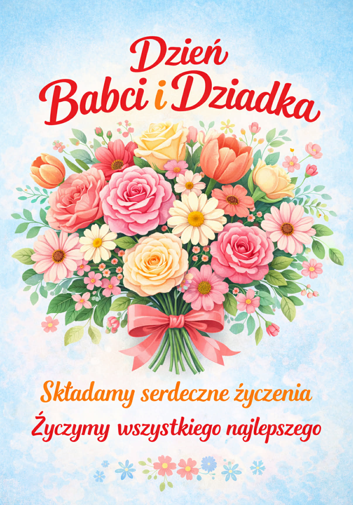 Plakat animacyjny - kartka z życzeniami . Na obrazku bukiet kwiatów