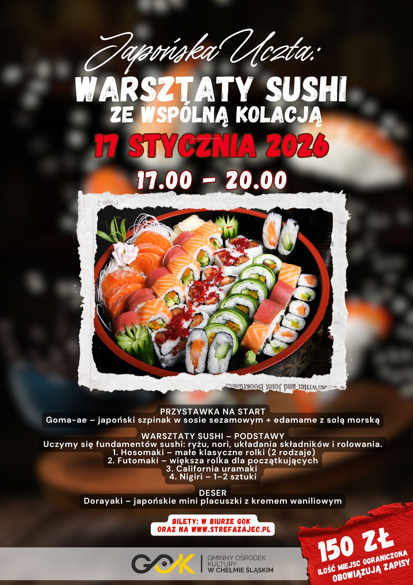 Plakat promujacy wydarzenie. Na rysunku gotowe potrawy - sushi