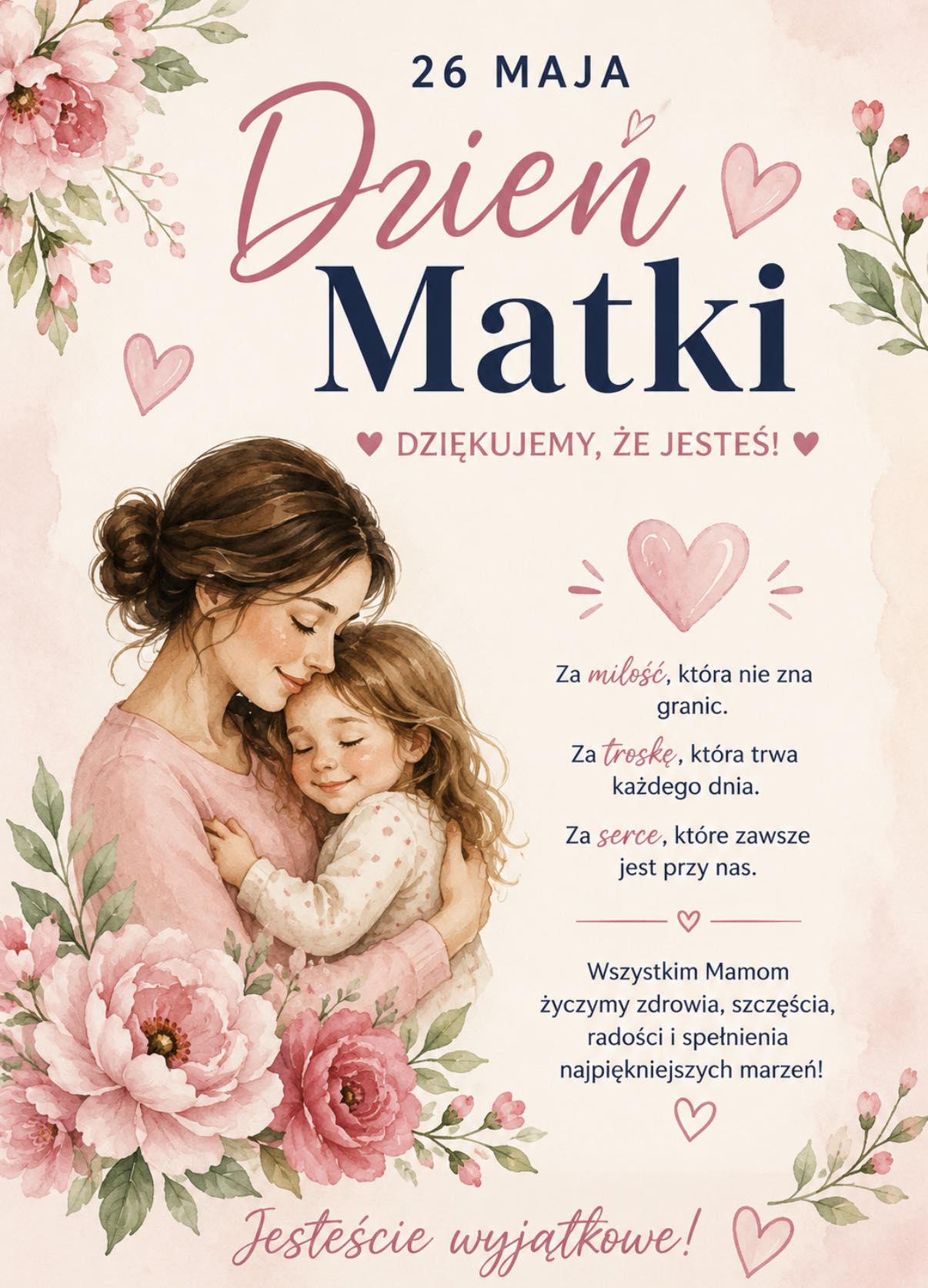 Plakat z okazji dnia matki z życzeniami. Na zdjęciu matka z dzieckiem na rękach. 