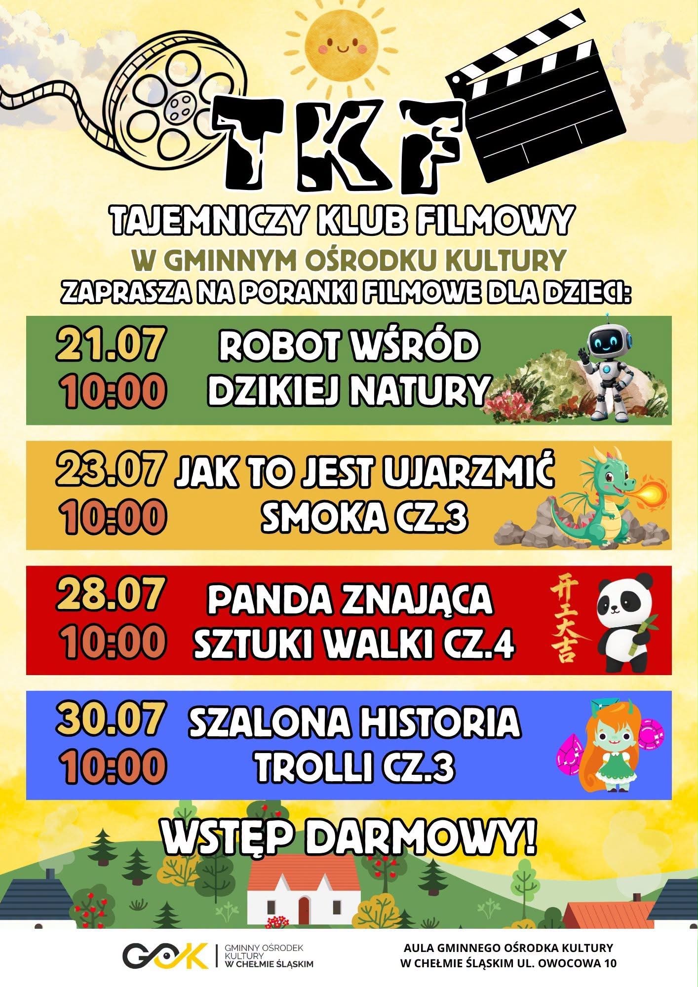 Plakat promujacy zajecia DKF w Gminnym Ośrodku Kultury- opis w poście 