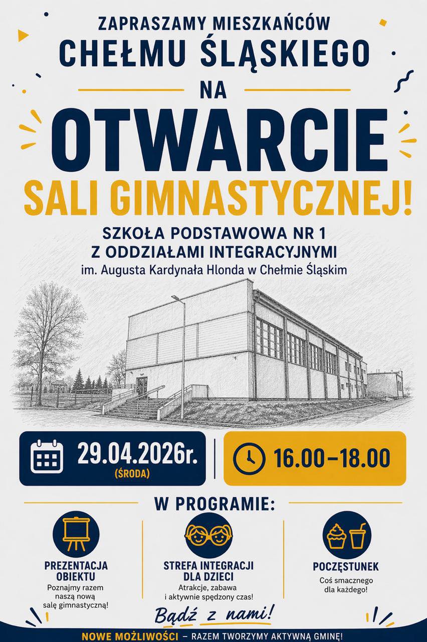 Plakat informacyjny. Na nim grafika sali gimnastycznej. Opis w poście 