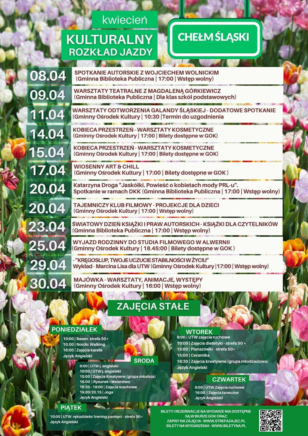 Kolorowy plakat prezentujacy wydarzenie w Gminnym Ośrodku Kultury i Gminnej Bibliotece Publicznej. Na zdjeciu kwiaty 