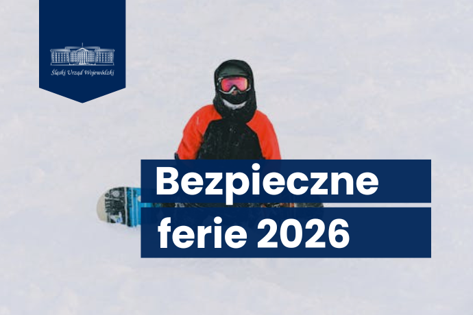 Narciarz na ośnieżonym stoku i napis Bepzieczne Ferie 2026