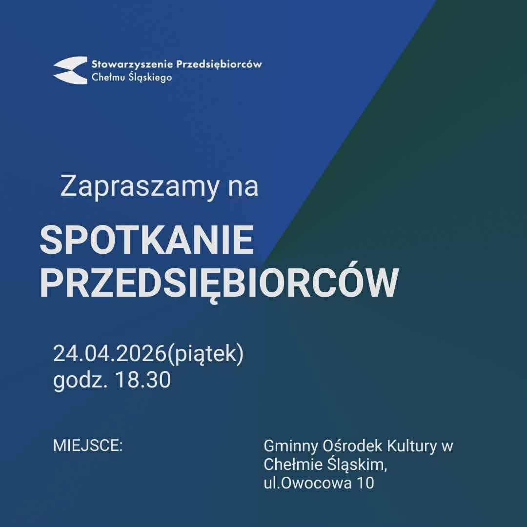 Plakat promujacy spotkanie przediębiorców - opis pod plakatem. Białe napisy na granatowo-czarnym tle. 